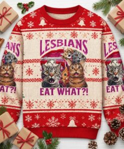 lesbians eat what cat meme ugly christmas sweater funny queer holiday crewneck sweatshirt 3
