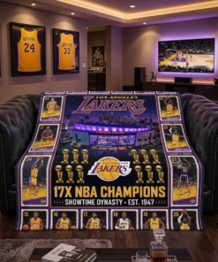 Los Angeles Lakers 17x NBA Champions Crypto Com Arena Legends Facsimile Signatures Fleece Throw Blanket - Front View Main Mockup