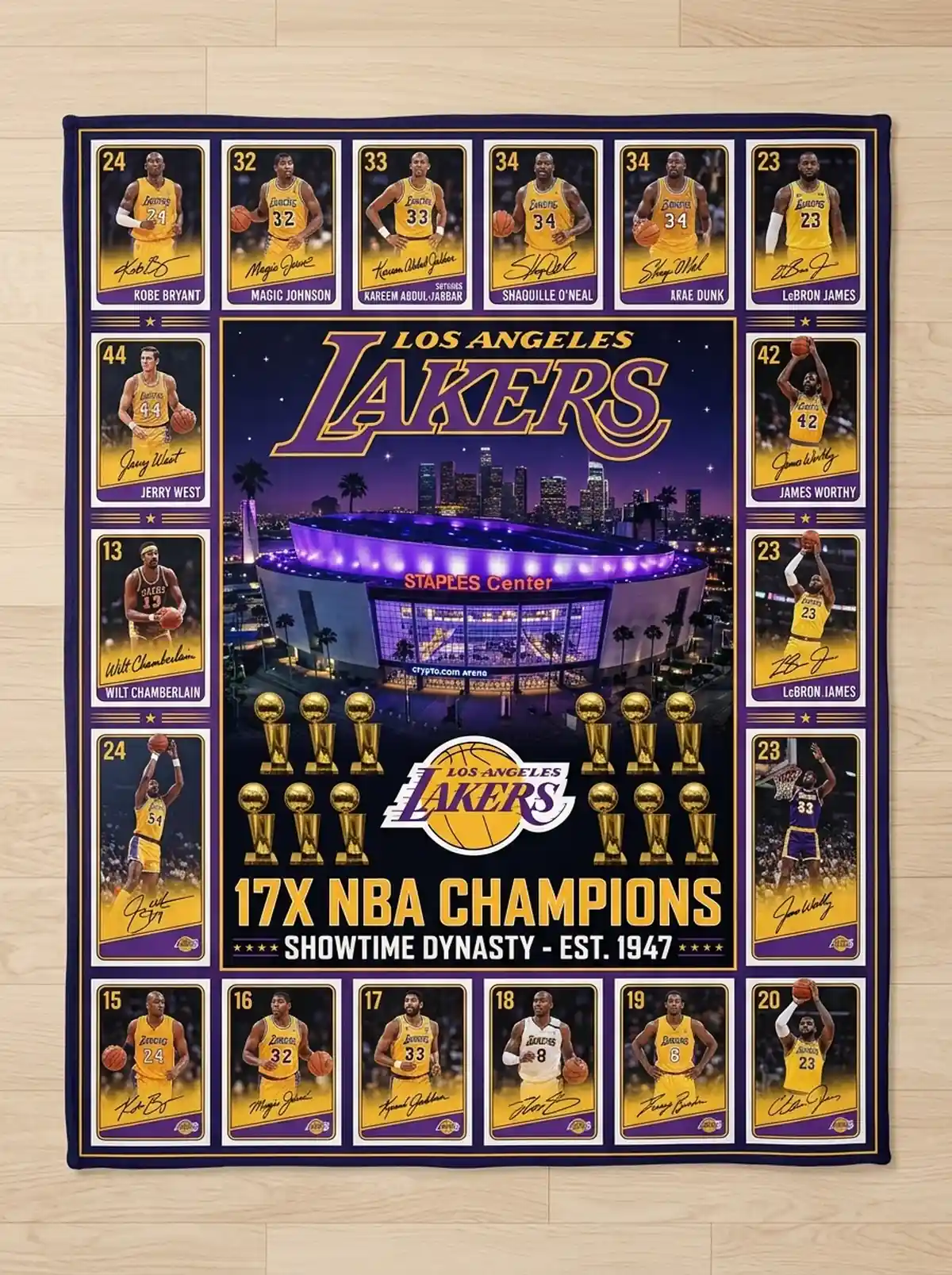 los angeles lakers 17x nba champions crypto com arena legends facsimile signatures fleece throw blanket Los Angeles Lakers 17x NBA Champions Crypto Com Arena Legends Facsimile Signatures Fleece Throw Blanket - Close-up Graphic Detail Mockup