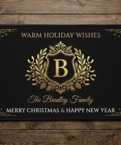 Luxury Black And Gold Monogram Crest Warm Holiday Wishes Doormat - Close-up Graphic Detail Mockup