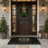 Luxury Black And Gold Monogram Crest Warm Holiday Wishes Doormat - Front View Main Mockup