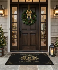 Luxury Black And Gold Monogram Crest Warm Holiday Wishes Doormat - Front View Main Mockup