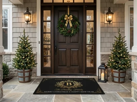 Luxury Black And Gold Monogram Crest Warm Holiday Wishes Doormat - Front View Main Mockup