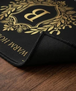 Luxury Black And Gold Monogram Crest Warm Holiday Wishes Doormat - Lifestyle Model Mockup