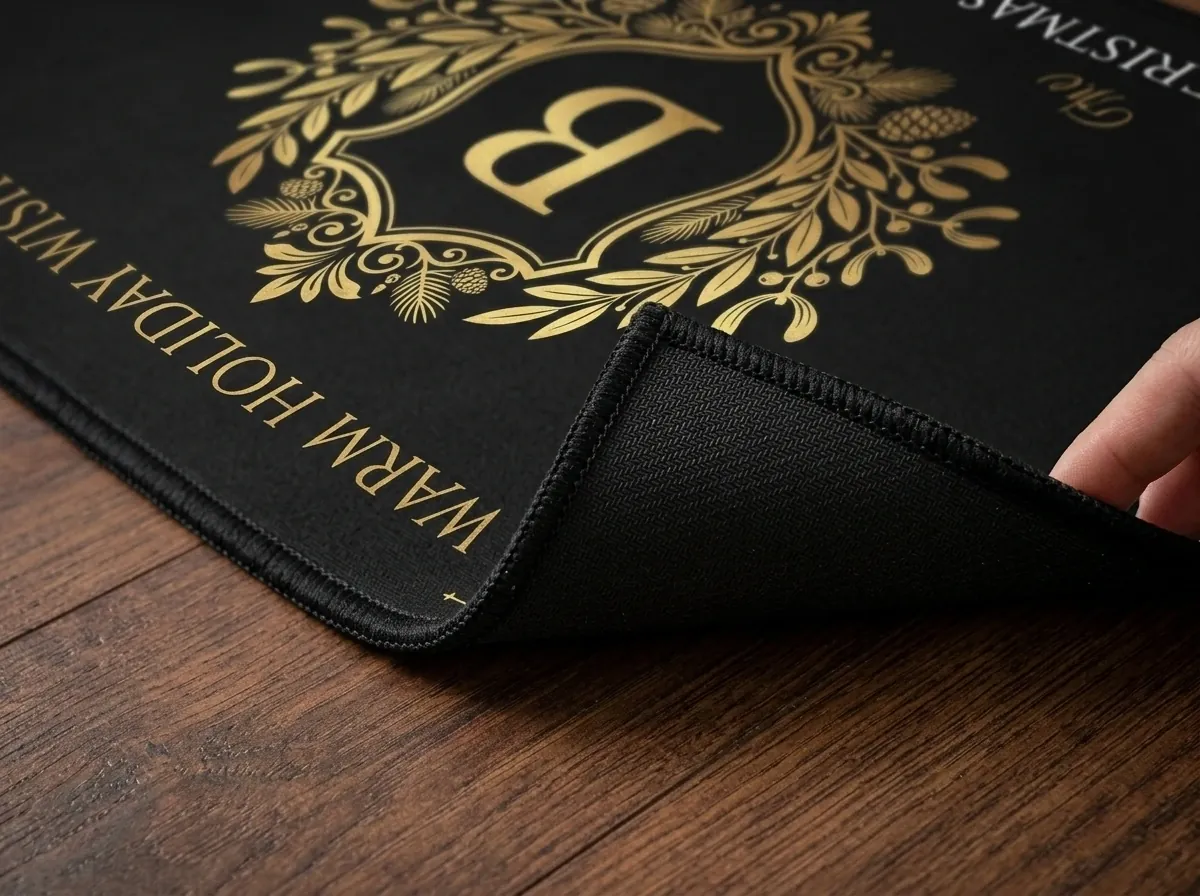 Luxury Black And Gold Monogram Crest Warm Holiday Wishes Doormat - Design Preview