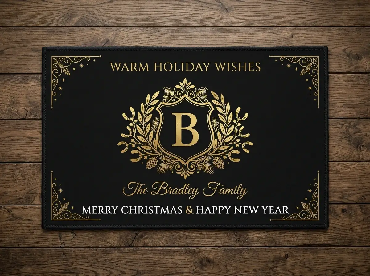 luxury black and gold monogram crest warm holiday wishes doormat Luxury Black And Gold Monogram Crest Warm Holiday Wishes Doormat - Close-up Graphic Detail Mockup