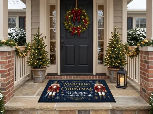 Marching Nutcracker Soldiers Holiday Entryway Guard Christmas Doormat - Front View Main Mockup
