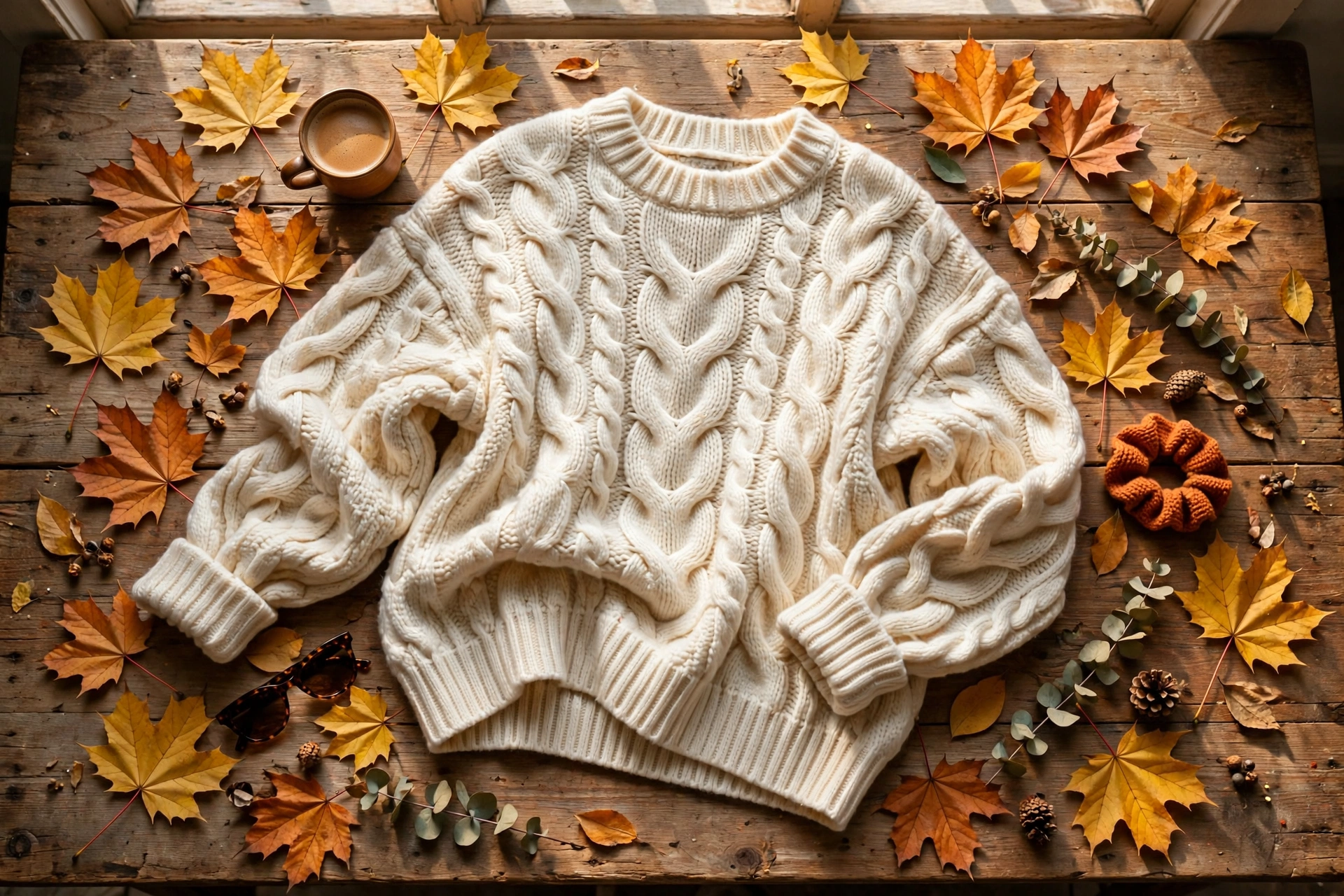 Cream cable-knit sweater laid flat on a rustic wooden table surrounded by golden autumn maple leaves, a cup of coffee, and sunglasses