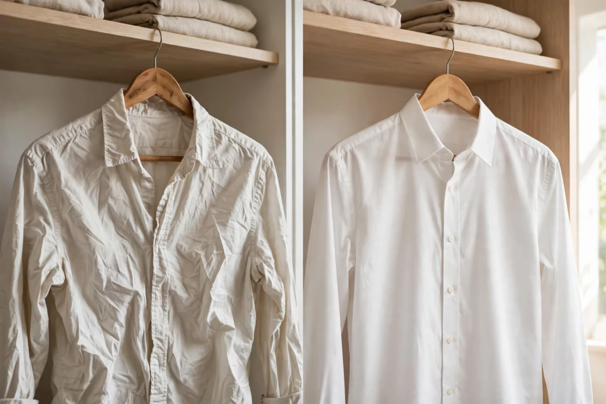 A wrinkled cotton shirt hanging on a wooden hanger next to a smooth crisp shirt, showing how hanging compares for wrinkle removal