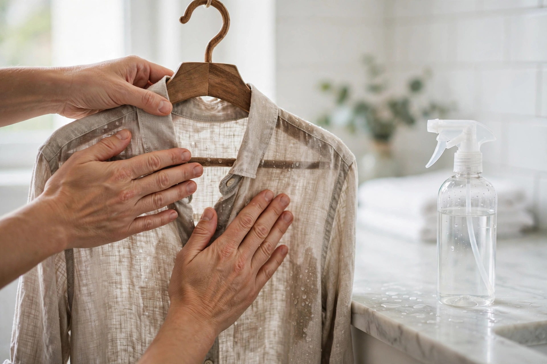 Hands smoothing a damp shirt on a wooden hanger with a spray bottle nearby, demonstrating the mist-and-smooth hanging technique