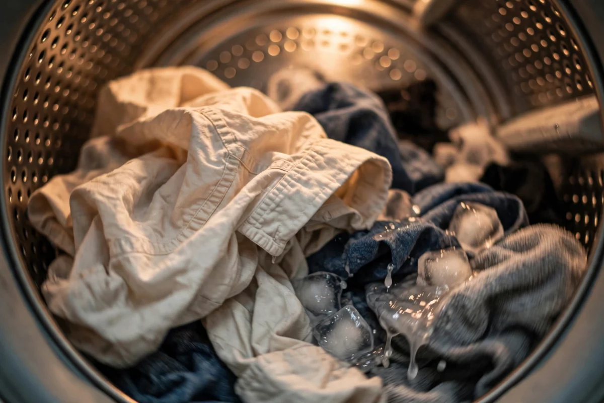 Ice cubes melting among clothes inside a dryer drum to create steam that removes wrinkles