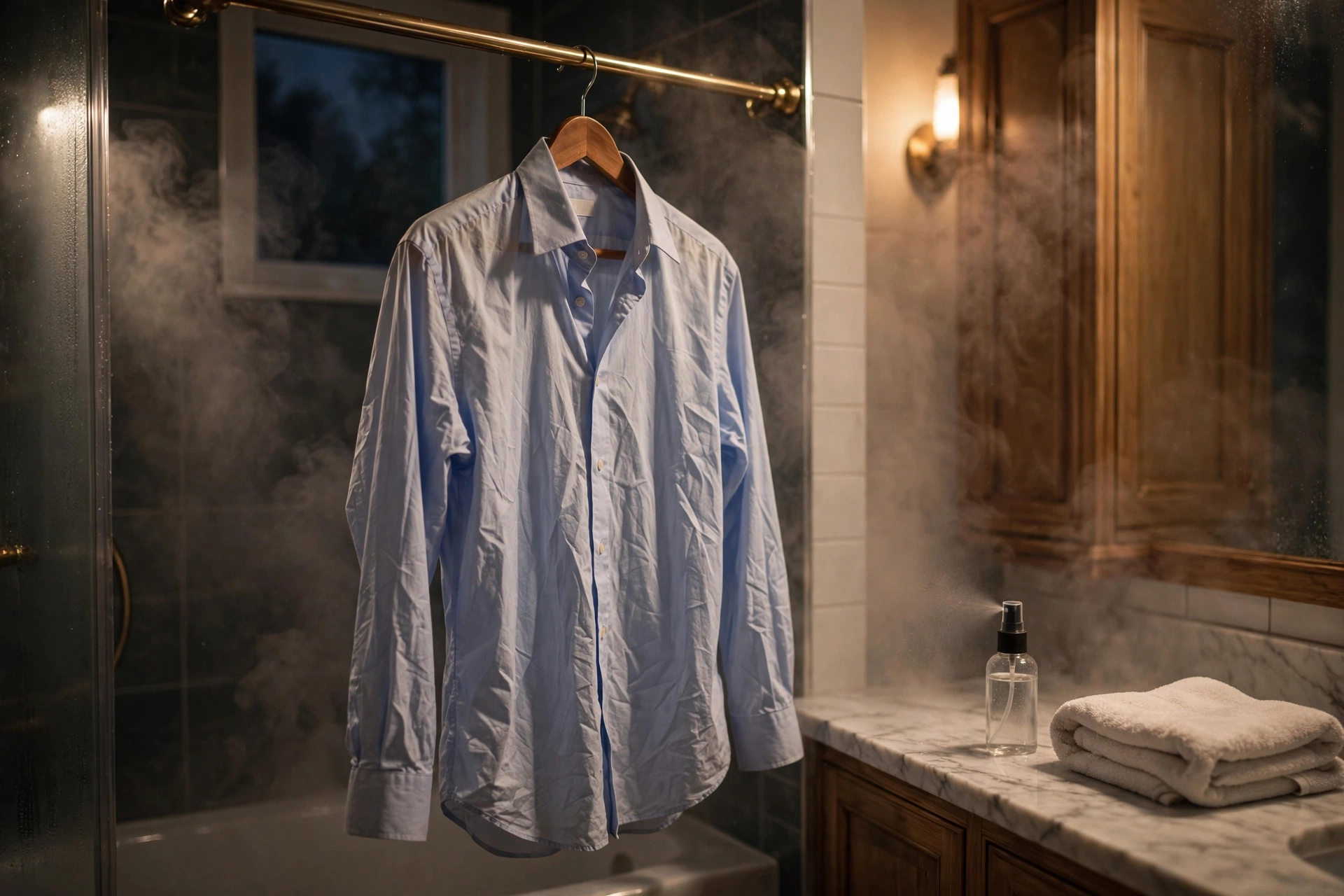 A wrinkled blue dress shirt hanging in a steamy bathroom at night with a spray bottle and towel nearby, demonstrating the effortless overnight wrinkle-removal method
