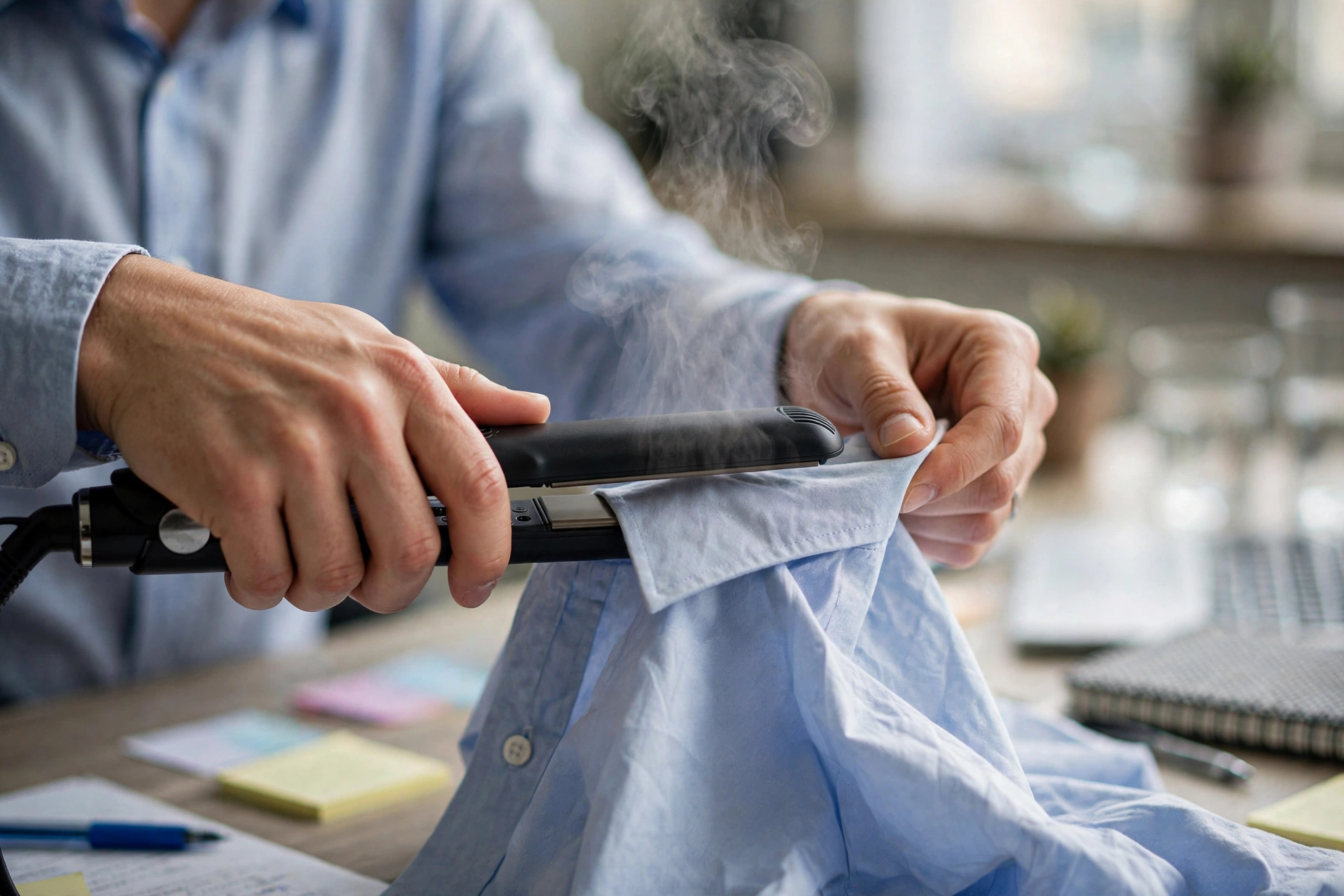 Person wearing a shirt using a hair straightener on the collar to remove wrinkles at the office