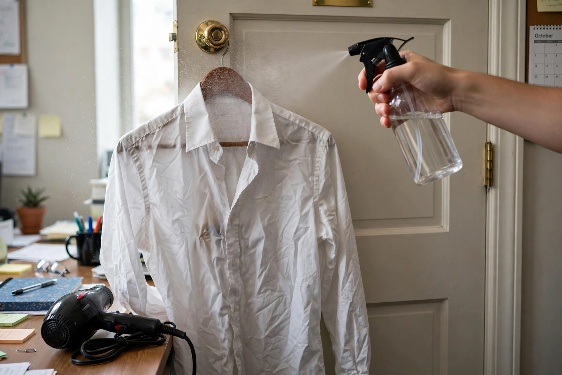 Spraying a wrinkle-release mist onto a wrinkled shirt hanging on an office door