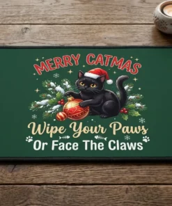 Merry Catmas Black Cat Knocking Christmas Tree Ornament Doormat - Close-up Graphic Detail Mockup
