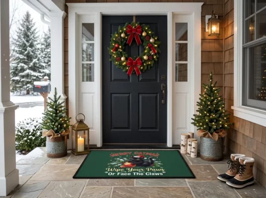 Merry Catmas Black Cat Knocking Christmas Tree Ornament Doormat - Front View Main Mockup