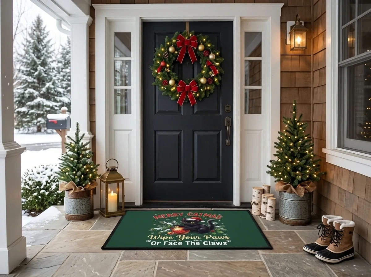 merry catmas black cat knocking christmas tree ornament doormat mockup 2 Merry Catmas Black Cat Knocking Christmas Tree Ornament Doormat - Front View Main Mockup