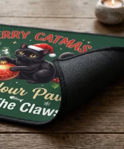 Merry Catmas Black Cat Knocking Christmas Tree Ornament Doormat - Lifestyle Model Mockup
