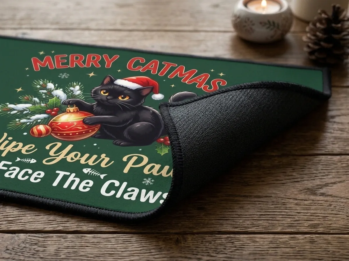 Merry Catmas Black Cat Knocking Christmas Tree Ornament Doormat - Design Preview