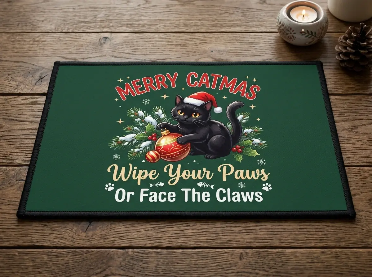 merry catmas black cat knocking christmas tree ornament doormat Merry Catmas Black Cat Knocking Christmas Tree Ornament Doormat - Close-up Graphic Detail Mockup