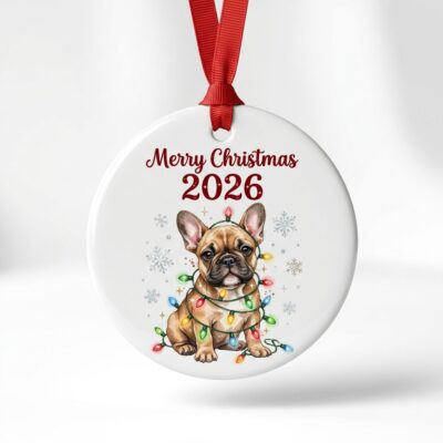 merry christmas 2026 frenchie puppy ceramic ornament festive pet holiday keepsake 1
