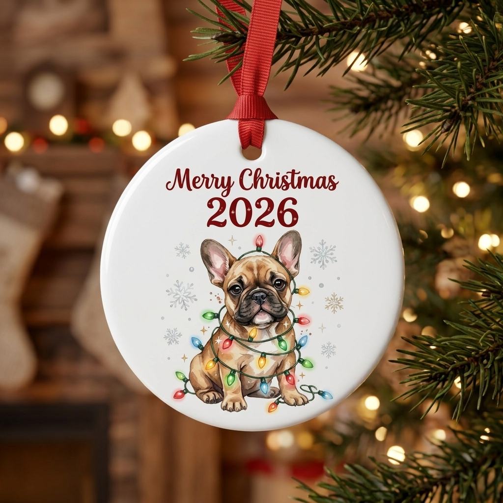 Merry Christmas 2026 Frenchie Puppy Ceramic Ornament Festive Pet Holiday Keepsake - Design Preview