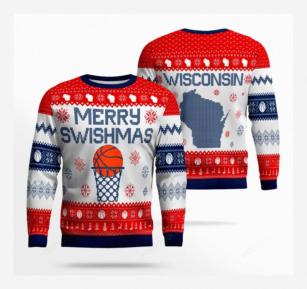 Merry Swishmas Wisconsin Basketball Ugly Christmas Sweater - Design Preview