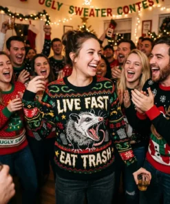 merry trashmas opossum feral animal chaotic gag christmas sweater