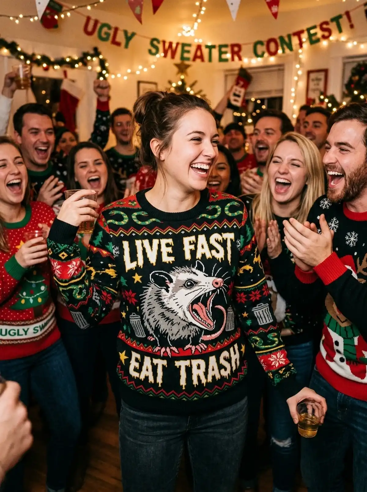 Merry Trashmas Opossum Feral Animal Chaotic Gag Christmas Sweater - Design Preview
