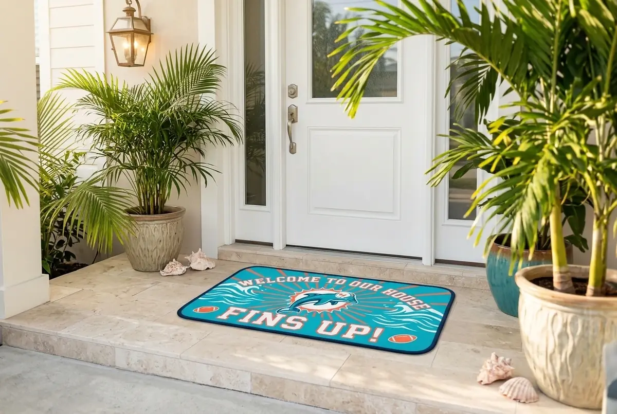 miami dolphins fins up aqua orange sunburst doormat mockup 2 miami dolphins fins up aqua orange sunburst doormat mockup 2