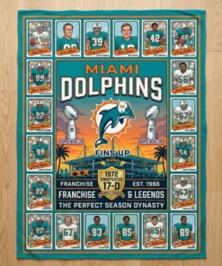 Miami Dolphins Hard Rock Stadium 1972 Undefeated Legends Facsimile Signatures Fleece Throw Blanket - Close-up Graphic Detail Mockup