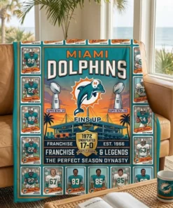 Miami Dolphins Hard Rock Stadium 1972 Undefeated Legends Facsimile Signatures Fleece Throw Blanket - Front View Main Mockup