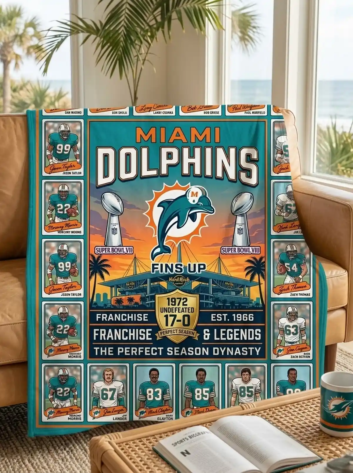 miami dolphins hard rock stadium 1972 undefeated legends facsimile signatures fleece throw blanket mockup 2 Miami Dolphins Hard Rock Stadium 1972 Undefeated Legends Facsimile Signatures Fleece Throw Blanket - Front View Main Mockup
