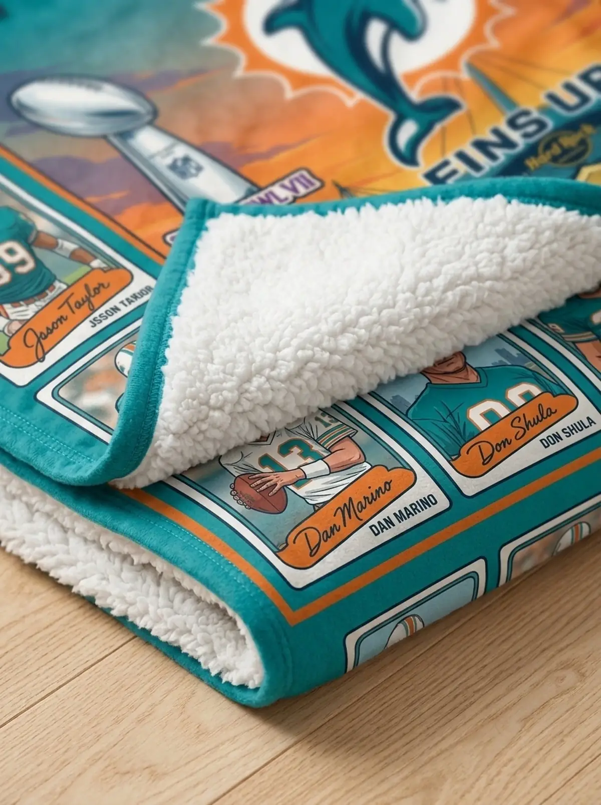 Miami Dolphins Hard Rock Stadium 1972 Undefeated Legends Facsimile Signatures Fleece Throw Blanket - Design Preview