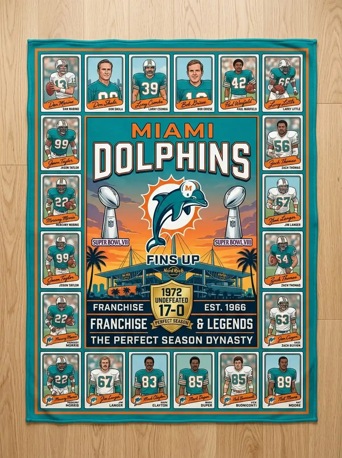miami dolphins hard rock stadium 1972 undefeated legends facsimile signatures fleece throw blanket Miami Dolphins Hard Rock Stadium 1972 Undefeated Legends Facsimile Signatures Fleece Throw Blanket - Close-up Graphic Detail Mockup