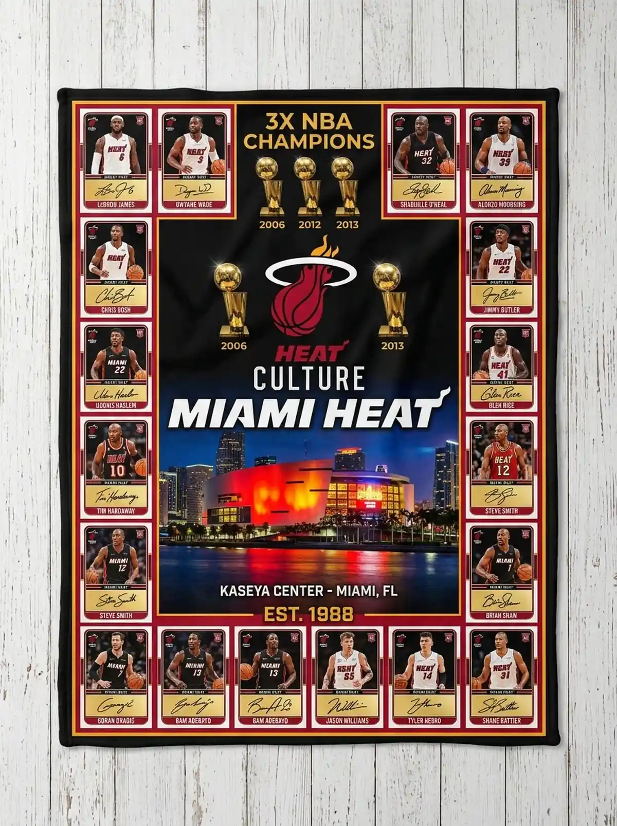 miami heat 3x nba champions kaseya center legends facsimile signatures fleece throw blanket Miami Heat 3x NBA Champions Kaseya Center Legends Facsimile Signatures Fleece Throw Blanket - Close-up Graphic Detail Mockup