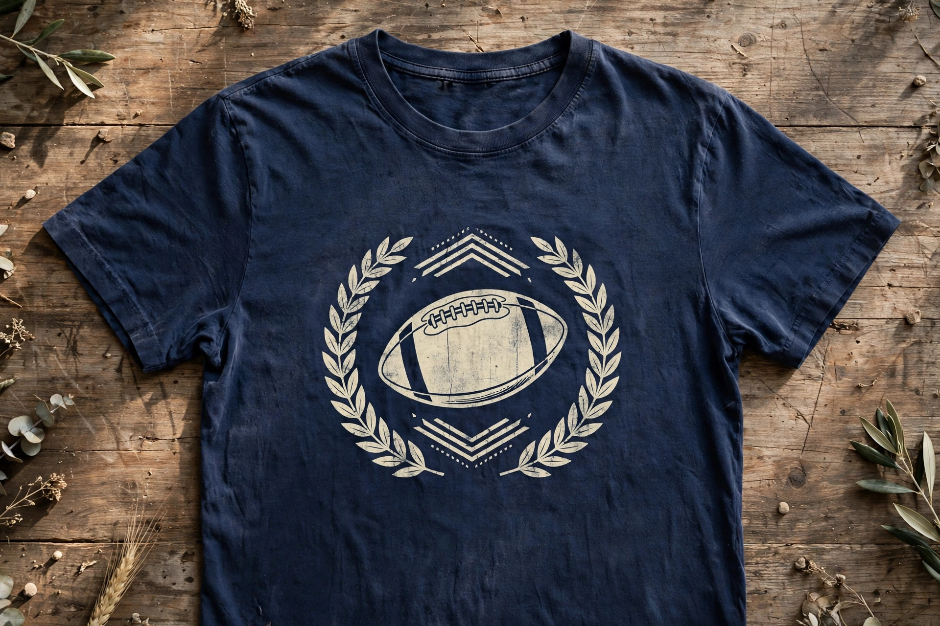 Flat-lay of a navy vintage-style tribute graphic t-shirt with football-inspired design elements on a wooden table
