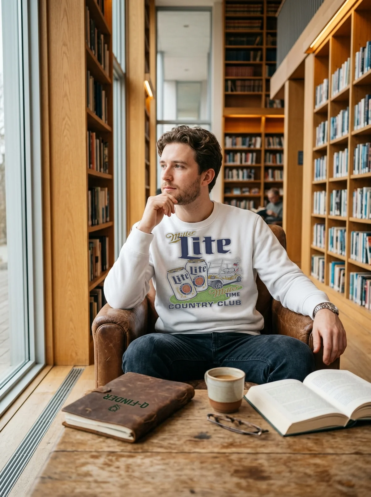 miller time country club miller lite white sweatshirt book lounge Miller Time Country Club Miller Lite T-Shirt - Close-up Graphic Detail Mockup
