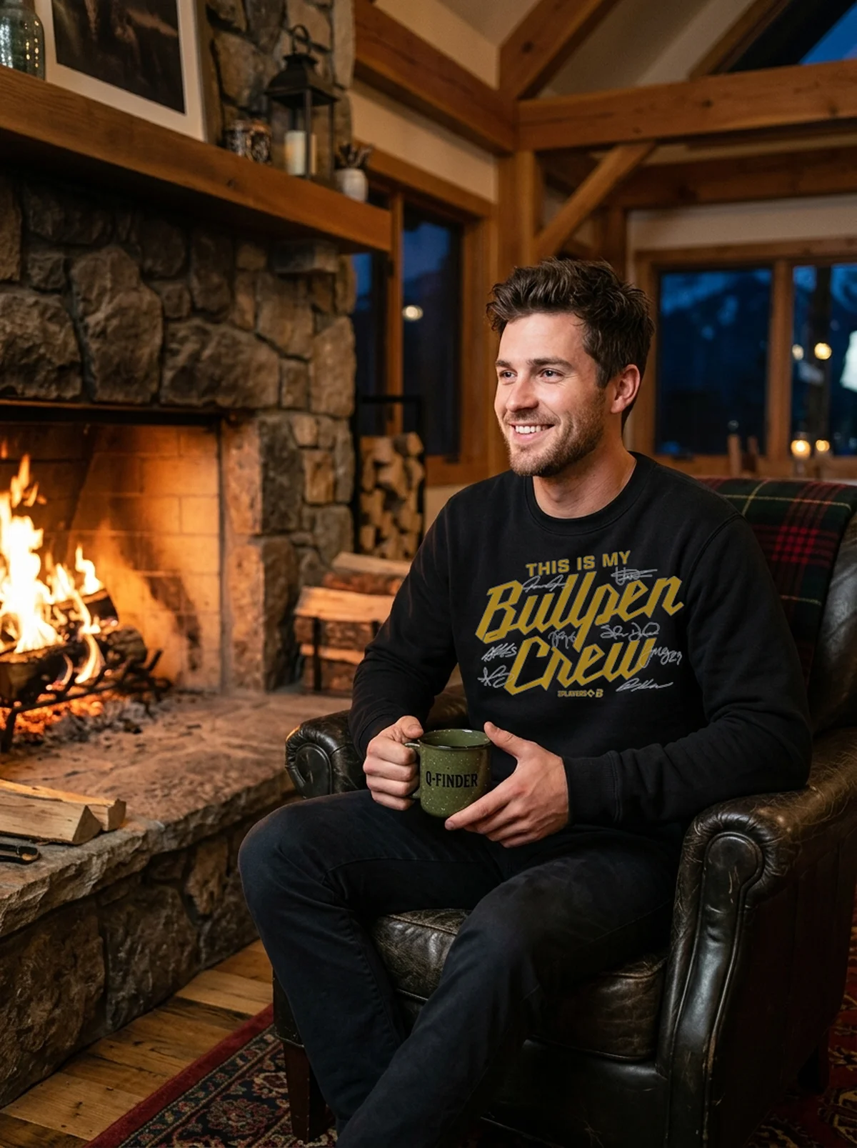 milwaukee baseball this is my bullpen crew black sweatshirt stone fireplace Milwaukee Baseball This Is My Bullpen Crew Shirt - Close-up Graphic Detail Mockup