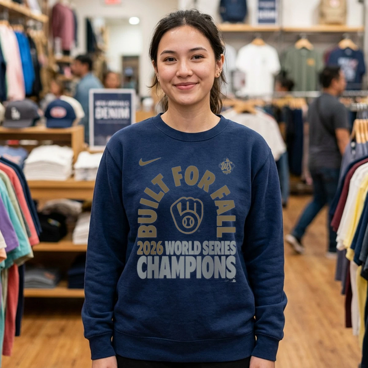 milwaukee brewers 2026 world series champions built for fall mock sweat navy Milwaukee Brewers 2026 World Series Champions Built For Fall T-Shirt - Close-up Graphic Detail Mockup