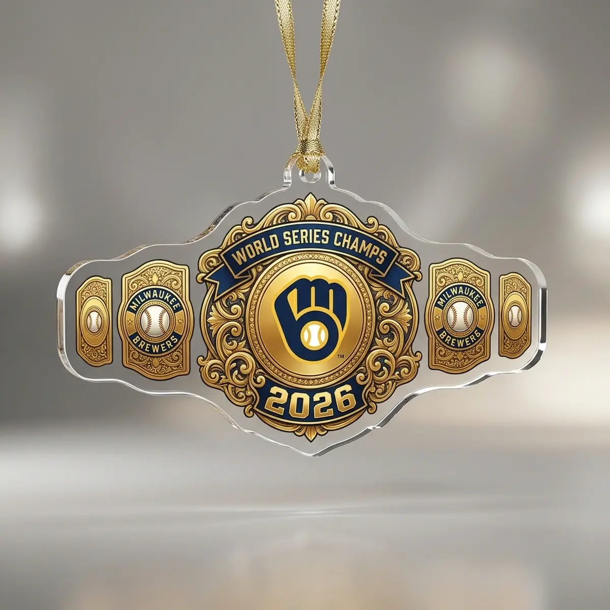 milwaukee brewers 2026 world series champions champs belt acrylic ornament 1 Milwaukee Brewers 2026 World Series Champions Champs Belt Custom Acrylic Ornament - Front View Main Mockup