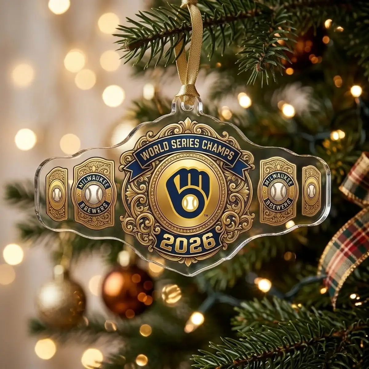 milwaukee brewers 2026 world series champions champs belt acrylic ornament 2 Milwaukee Brewers 2026 World Series Champions Champs Belt Custom Acrylic Ornament - Lifestyle Model Mockup