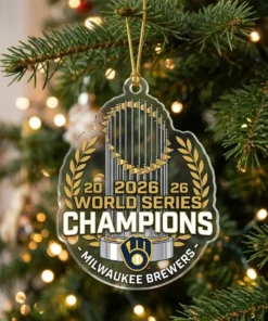 Milwaukee Brewers 2026 World Series Champions Commissioner Trophy Gold Laurels Acrylic Ornament - Front View Main Mockup
