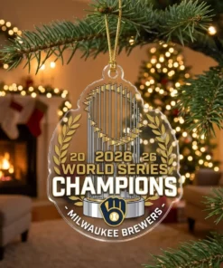 Milwaukee Brewers 2026 World Series Champions Commissioner Trophy Gold Laurels Acrylic Ornament - Lifestyle Model Mockup