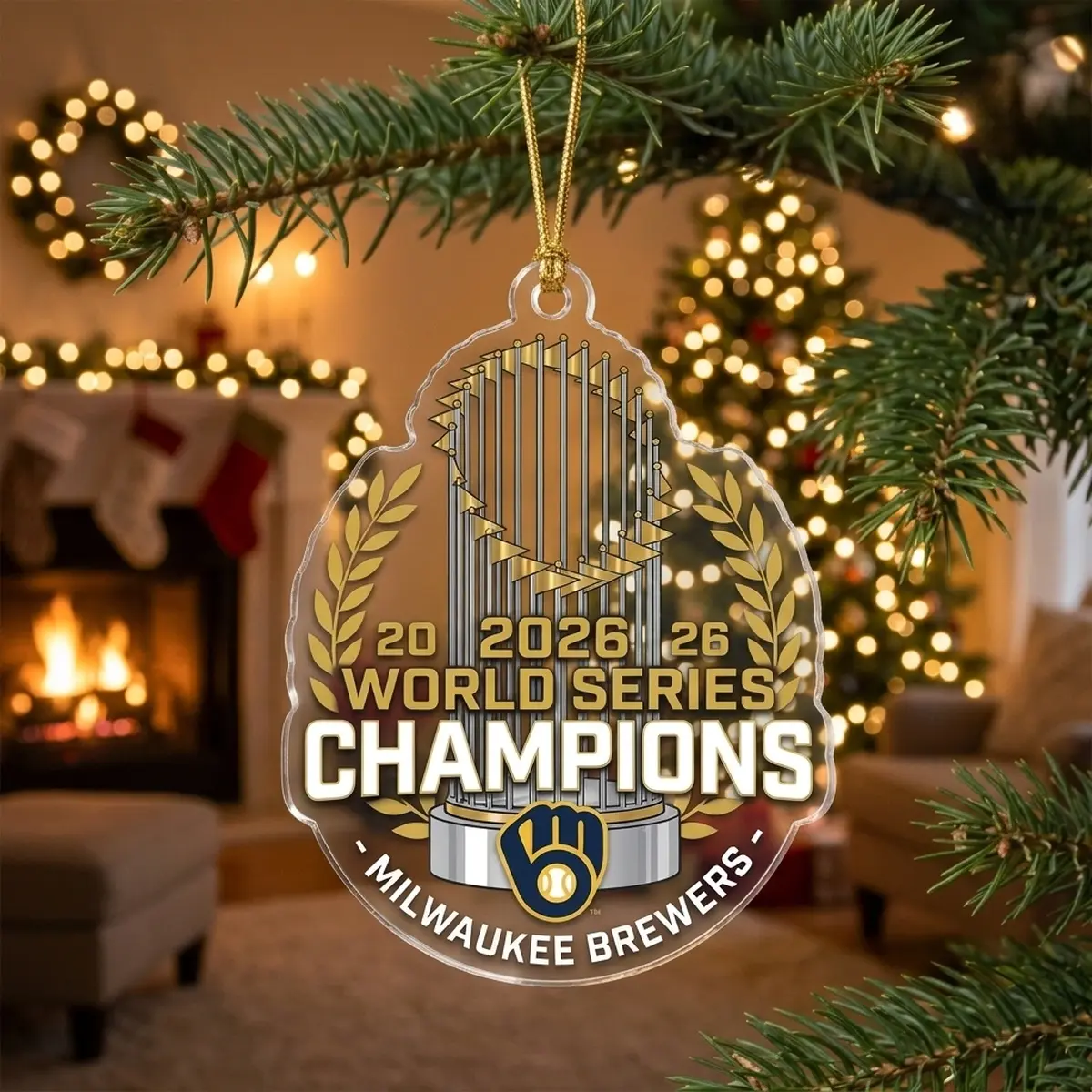 Milwaukee Brewers 2026 World Series Champions Commissioner Trophy Gold Laurels Acrylic Ornament - Design Preview