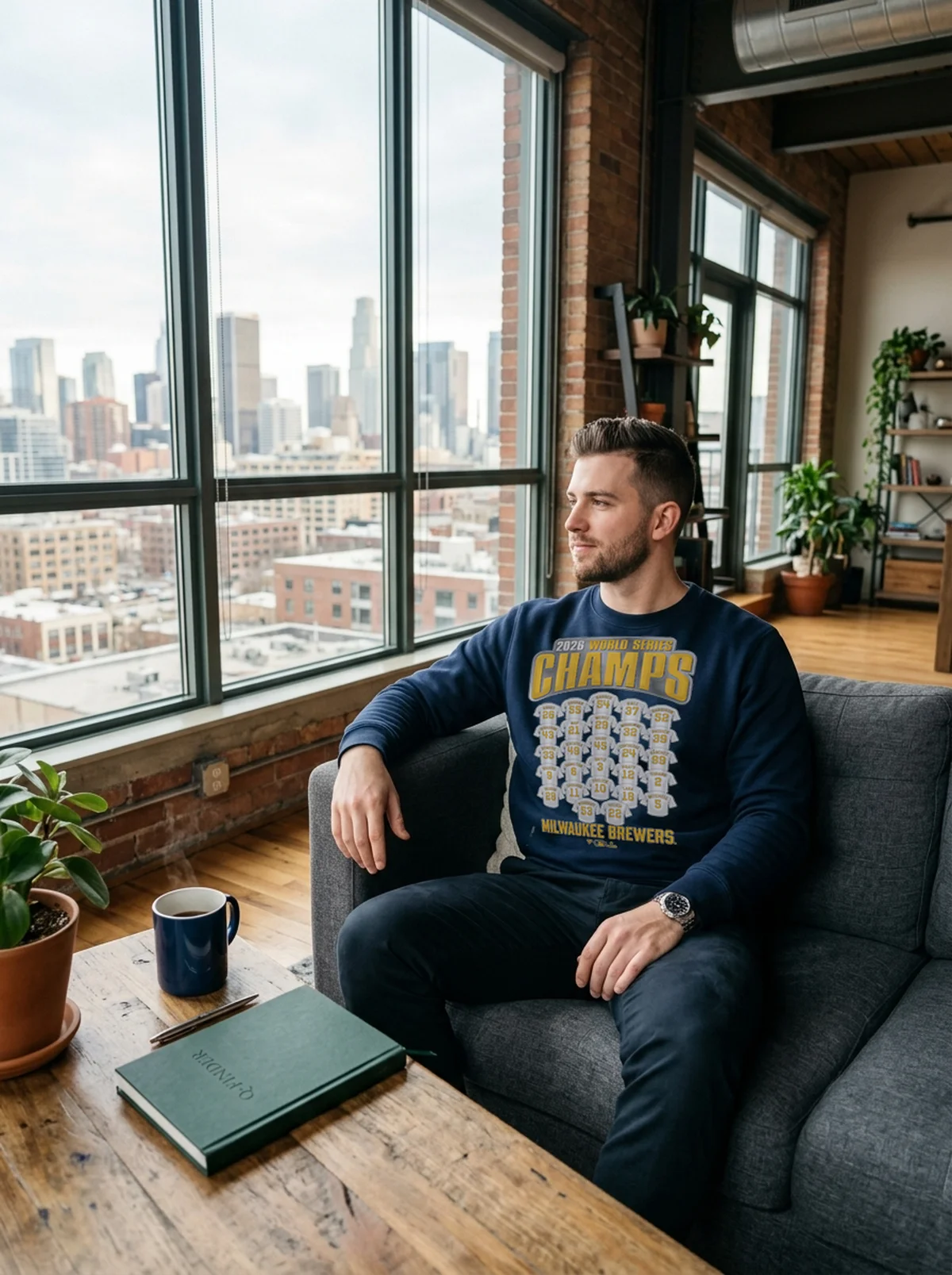 milwaukee brewers 2026 world series champions jersey roster blue sweatshirt industrial loft Milwaukee Brewers 2026 World Series Champions Jersey Roster T-Shirt - Back or Alternative Angle Mockup