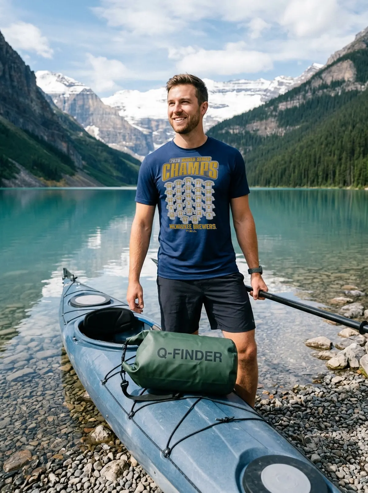milwaukee brewers 2026 world series champions jersey roster blue tshirt kayak shore Milwaukee Brewers 2026 World Series Champions Jersey Roster T-Shirt - Front View Main Mockup