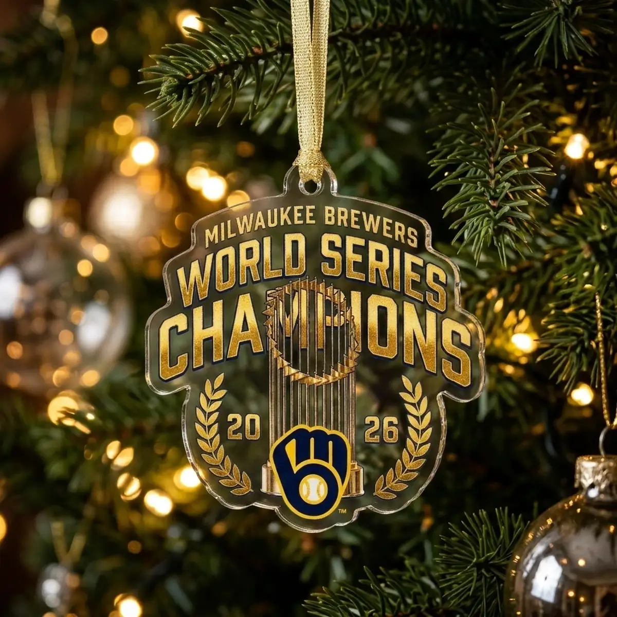 milwaukee brewers 2026 world series champions locker room acrylic ornament 2 Milwaukee Brewers 2026 World Series Champions Official Locker Room Custom Acrylic Ornament - Lifestyle Model Mockup