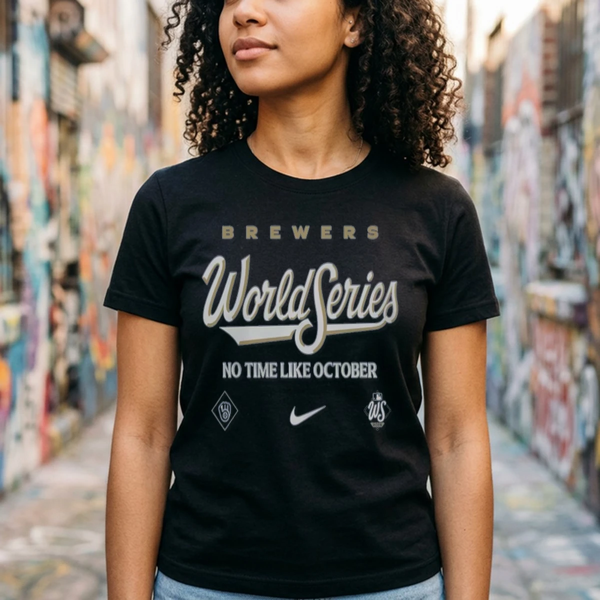 milwaukee brewers 2026 world series no time like october tshirt black female3 Milwaukee Brewers 2026 World Series No Time Like October T-Shirt - Front View Main Mockup
