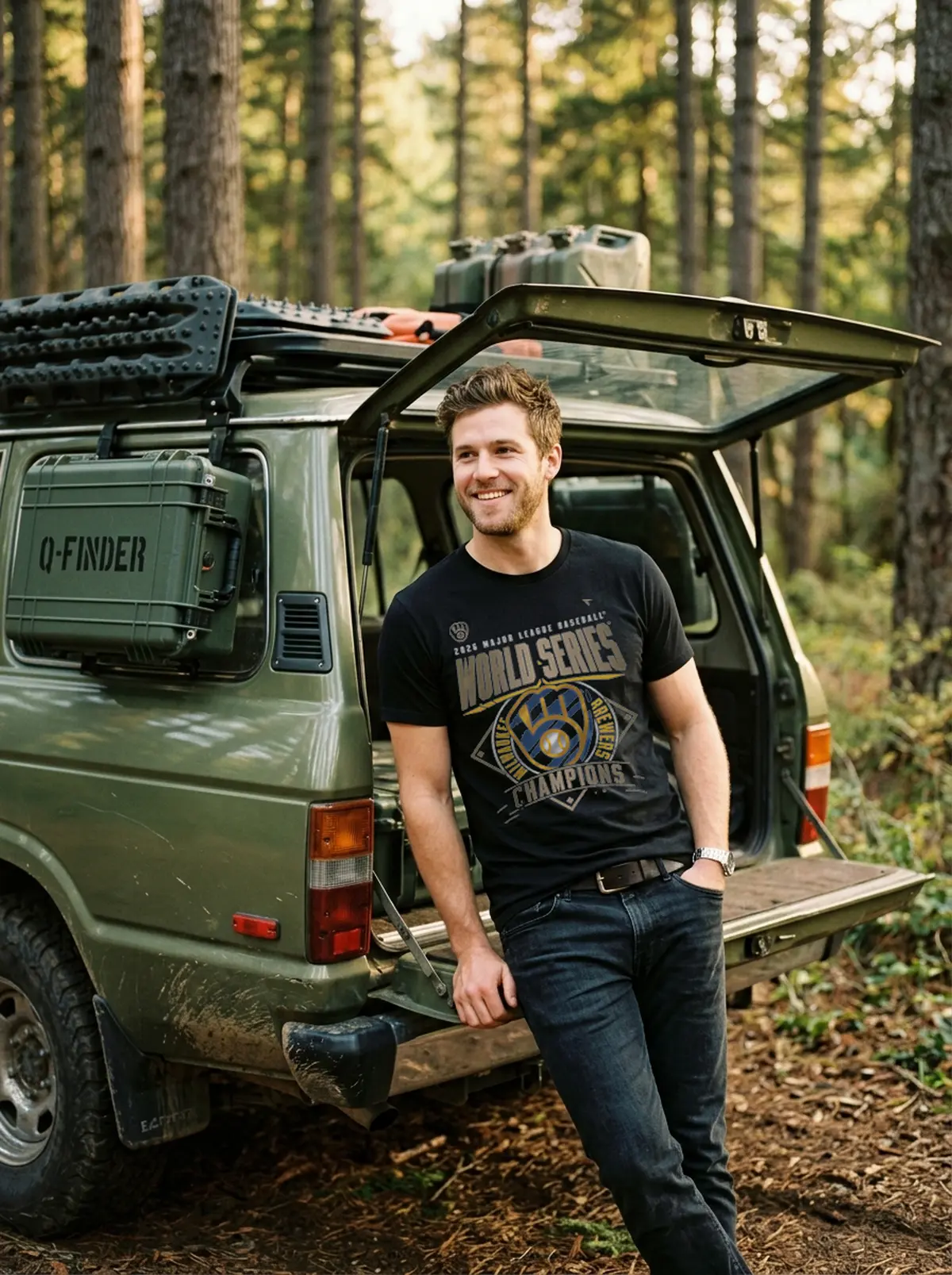 milwaukee brewers fanatics 2026 world series champions locker r black tshirt jeep tailgate Milwaukee Brewers Fanatics 2026 World Series Champions Locker Room T-Shirt - Close-up Graphic Detail Mockup